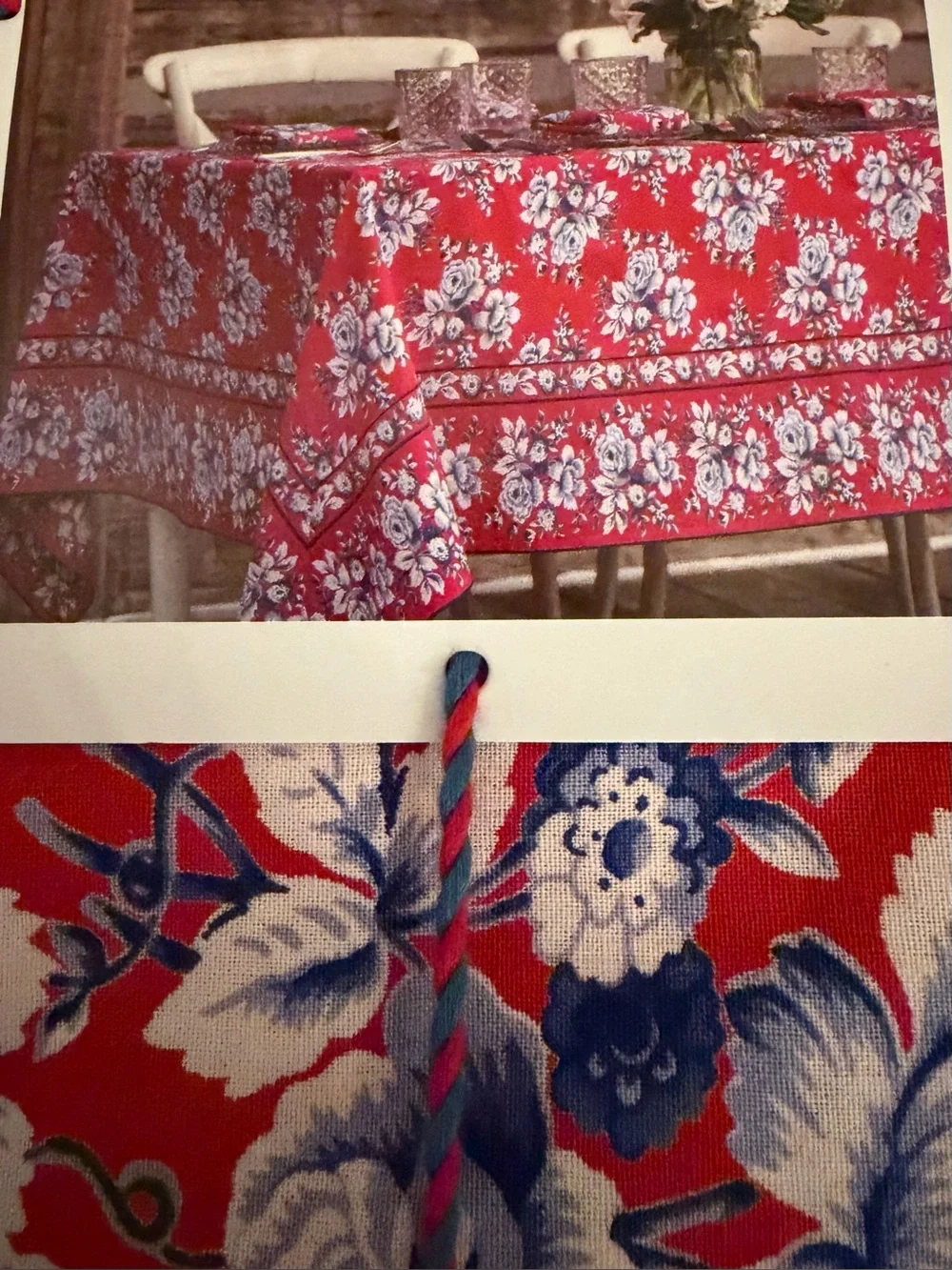 April Cornell Red Floral Tablecloth with Blue and White Blooms 60”x84”